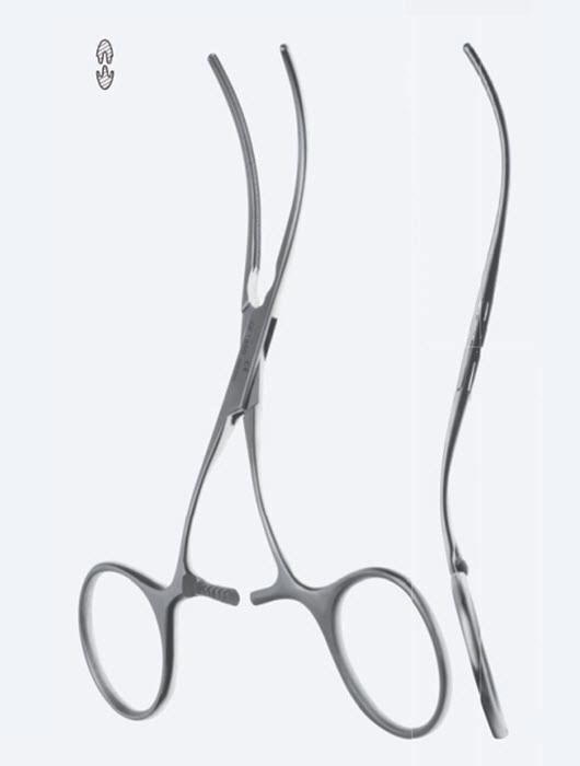 Зажими судинні De Bakey для дитячої хірургії, зубці , з S-вигнутою ручкою, вигнуті, з кремальєрою, довжина 125 мм. Бренд - Asanus Medizintechnik Gmb, Німеччина